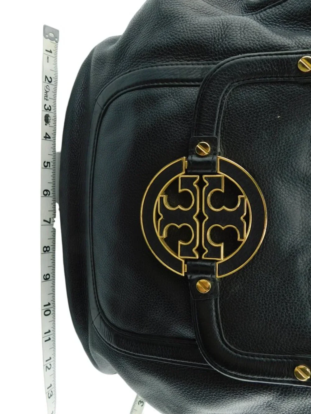 Tory Burch Logo Black Pebble Grain Leather Tote Handbag
